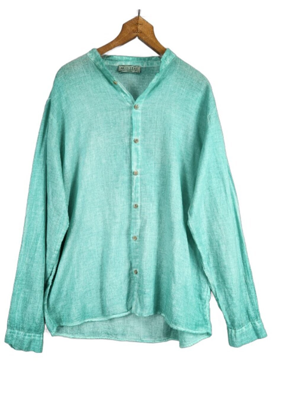 Achilles Greek Quality Linen Button Up Shirt Mens L Green Long Sleeve Coastal